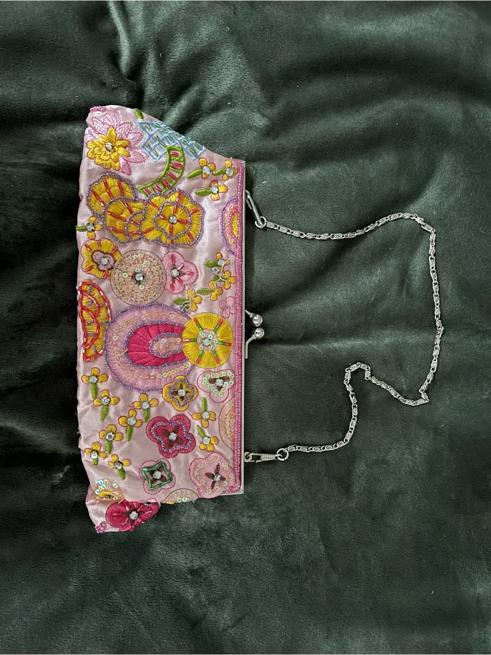 Vintage NY&Co Embroidered Pink Floral Evening Clutch with Chain Strap